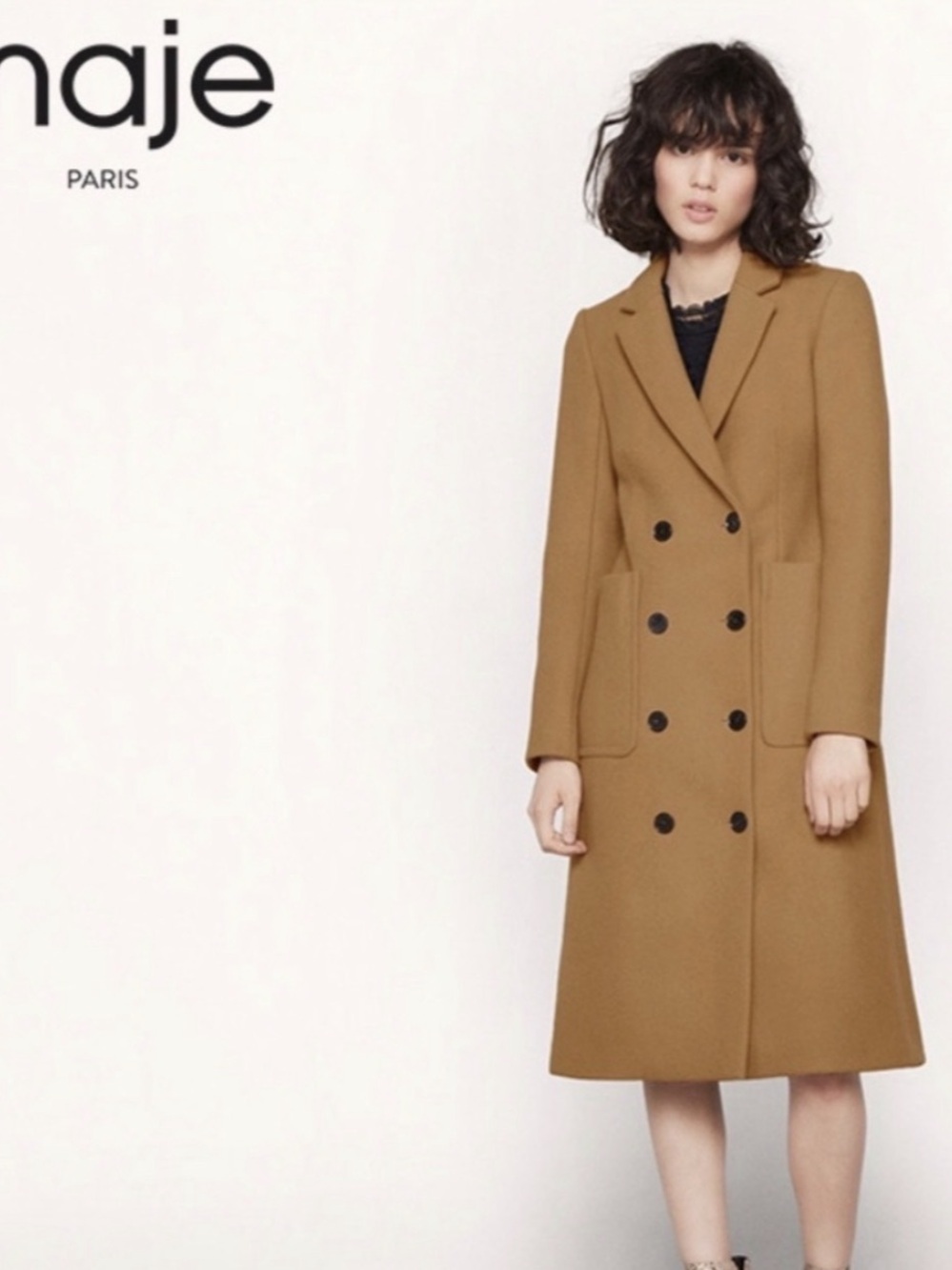 Maje Camel Double-Breasted Long Tailored Coat – Size 36